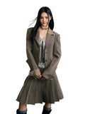 Brown Shawl Collar Jacket & Skirt Set