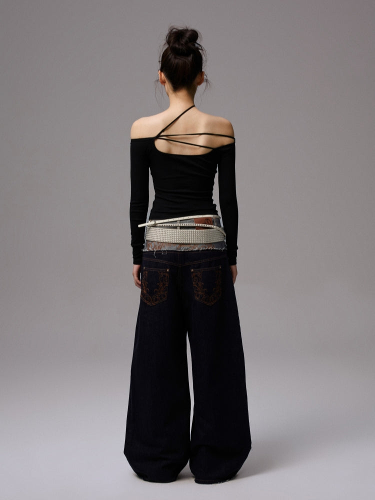 One-Shoulder Beaded Strappy Solid Color?T-Shirt