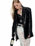 Black & White Floral Embroidered Leather Blazer