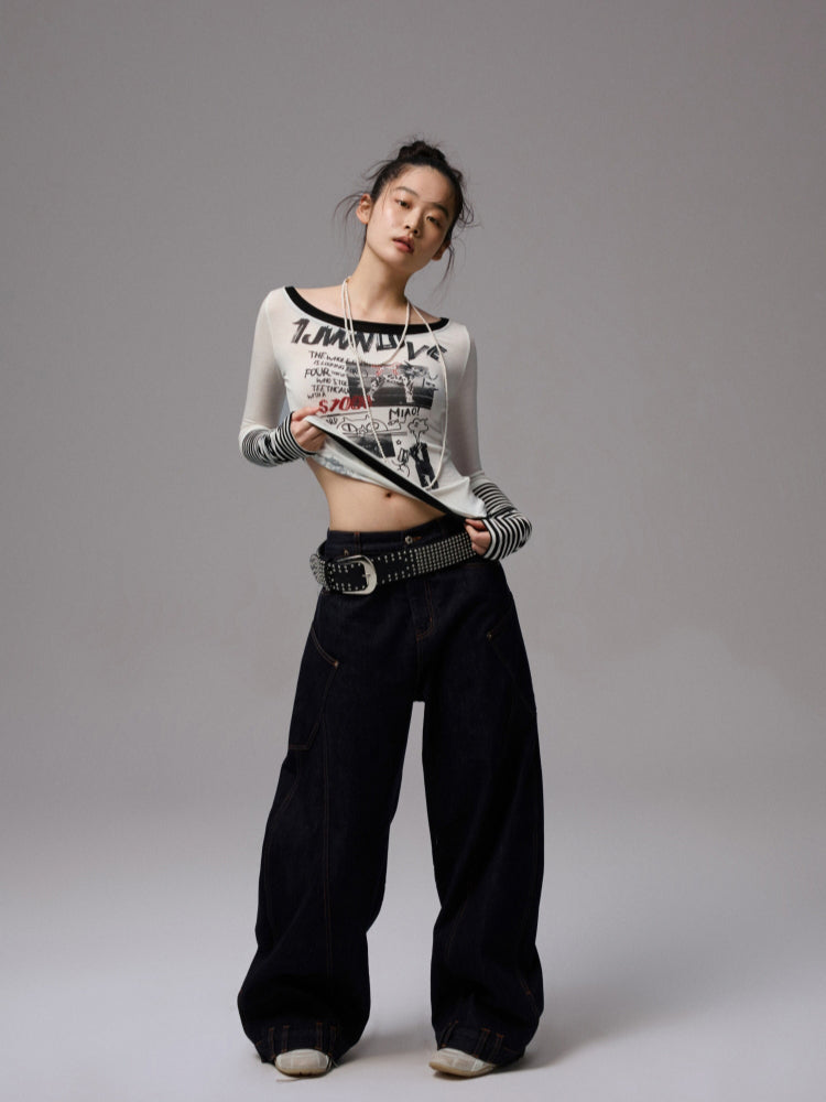 Striped Fake Two-Piece Graffiti Printed T-shirt