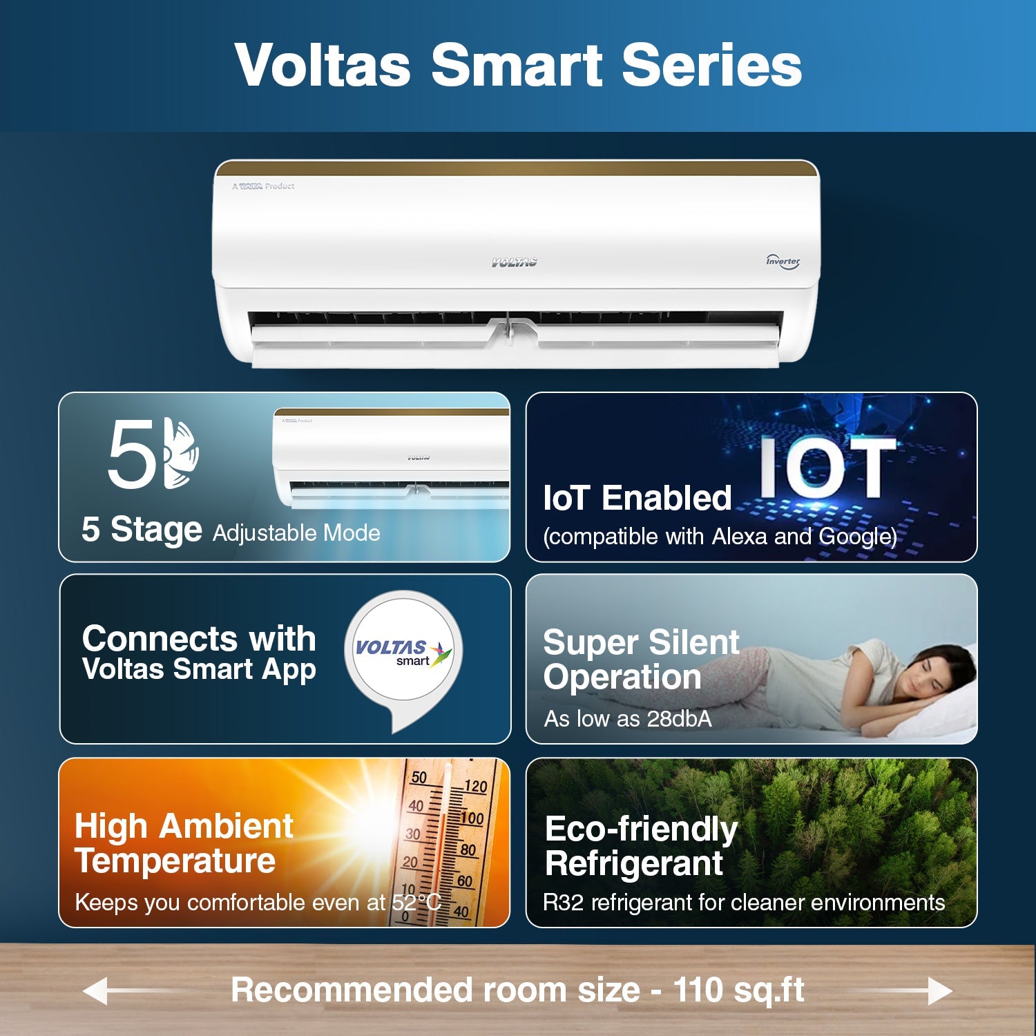 Инвертор переменного тока Voltas SmartAir, 1 тонна, 3 звезды - 123 В Vertis Smart Elite Gold с IoT