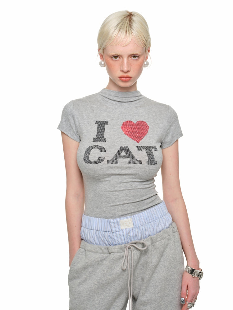 "I ? CAT" Rhinestone Fitted T-shirt