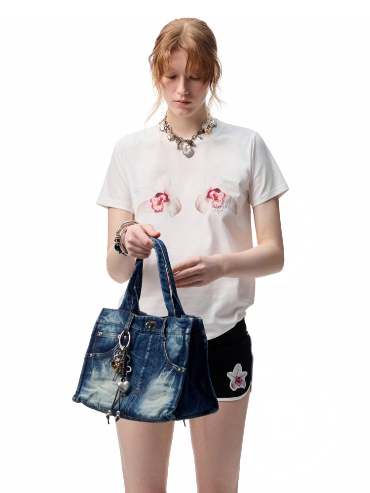 Printed Loose Austrian Rhinestone T-shirt