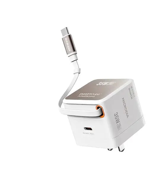 MICRODIA SMARTCube™ POWERCord 35 Вт, настенное зарядное устройство GaN Pro со встроенным кабелем USB-C и выходом для зарядки USB-C 