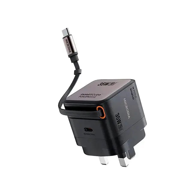 MICRODIA SMARTCube™ POWERCord 35 Вт, настенное зарядное устройство GaN Pro со встроенным кабелем USB-C и выходом для зарядки USB-C 