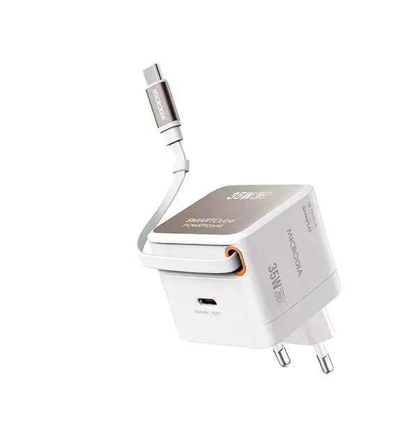 MICRODIA SMARTCube™ POWERCord 35 Вт, настенное зарядное устройство GaN Pro со встроенным кабелем USB-C и выходом для зарядки USB-C 