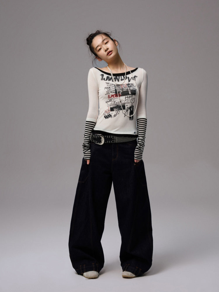 Striped Fake Two-Piece Graffiti Printed T-shirt