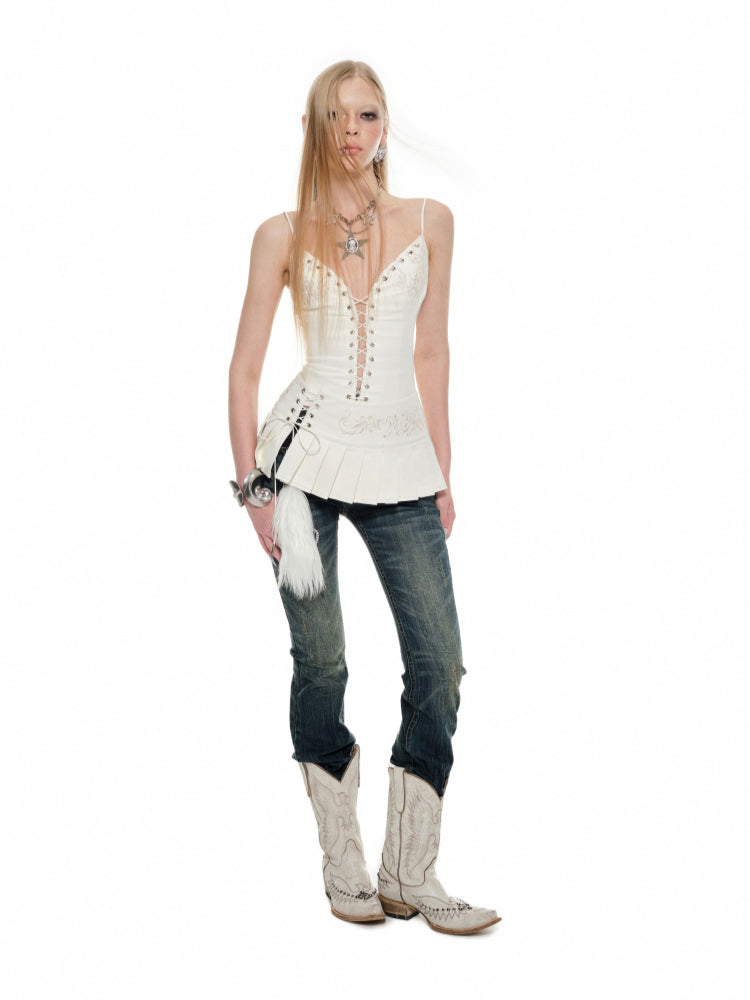 Black & White Hollow-out Lace-up Camisole