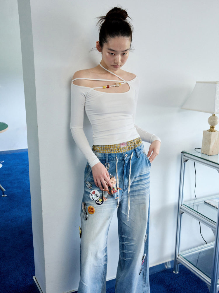 One-Shoulder Beaded Strappy Solid Color?T-Shirt