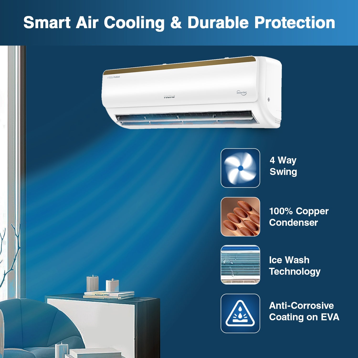 Инвертор переменного тока Voltas SmartAir, 1 тонна, 3 звезды - 123 В Vertis Smart Elite Gold с IoT