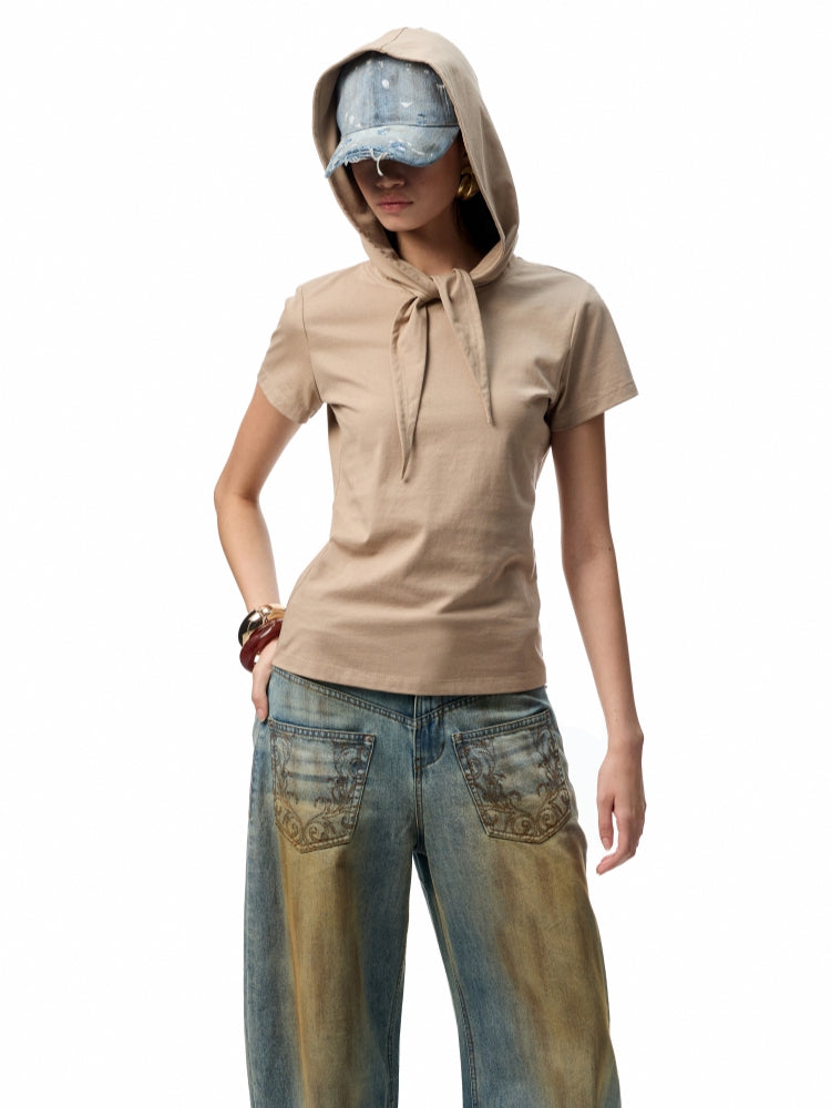 Hooded Bow Solid-Color T-shirt