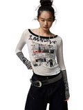 Striped Fake Two-Piece Graffiti Printed T-shirt