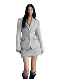 Woolen Padded Shoulder Blazer & Skirt Set