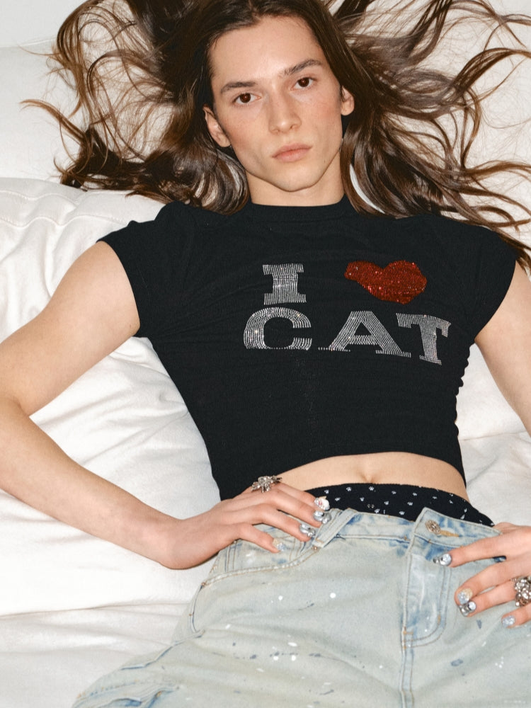 "I ? CAT" Rhinestone Fitted T-shirt