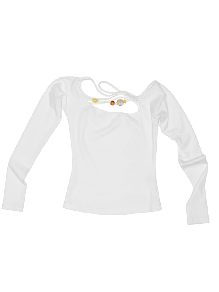One-Shoulder Beaded Strappy Solid Color?T-Shirt