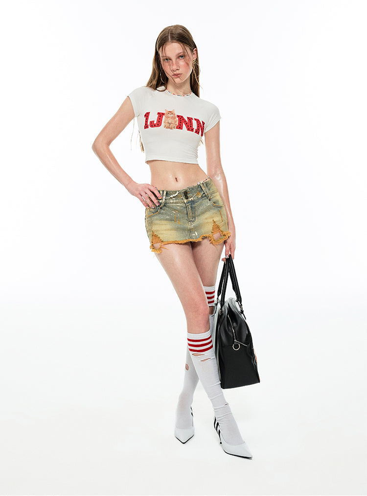 Rhinestone Embellished Fitted Fruit Printed Crop Top