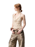 V-Neck Beaded Draped Collar Halter Cami Top
