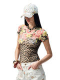 Floral Print Rhinestones Regular-shoulder T-shirt