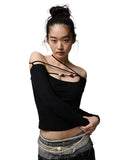 One-Shoulder Beaded Strappy Solid Color?T-Shirt