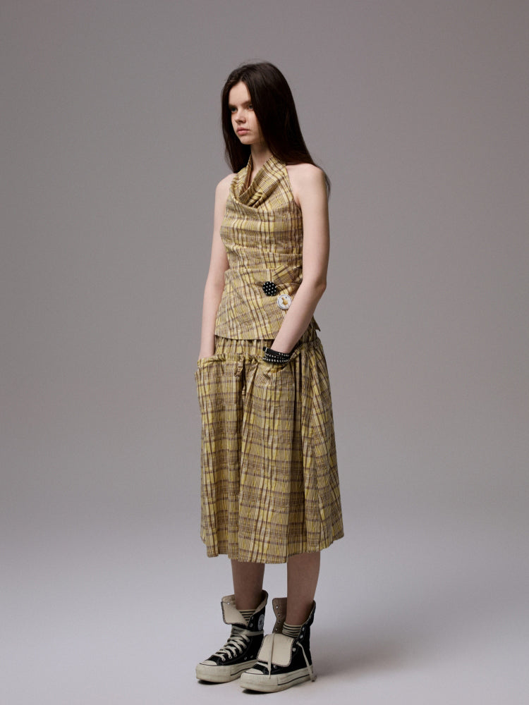 Plaid Halter Neck Backless Tank Top & Midi Skirt Set