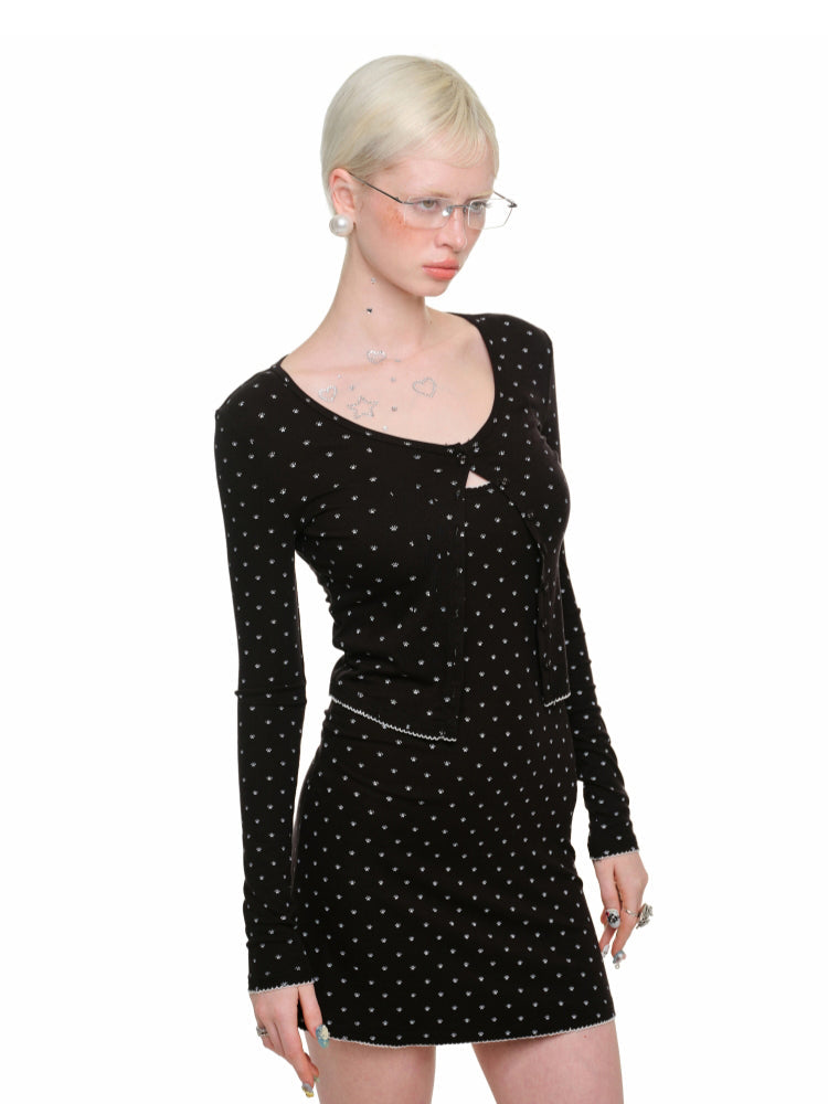 Cat Paw Trim Cardigan & Skirt Set