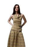 Plaid Halter Neck Backless Tank Top & Midi Skirt Set