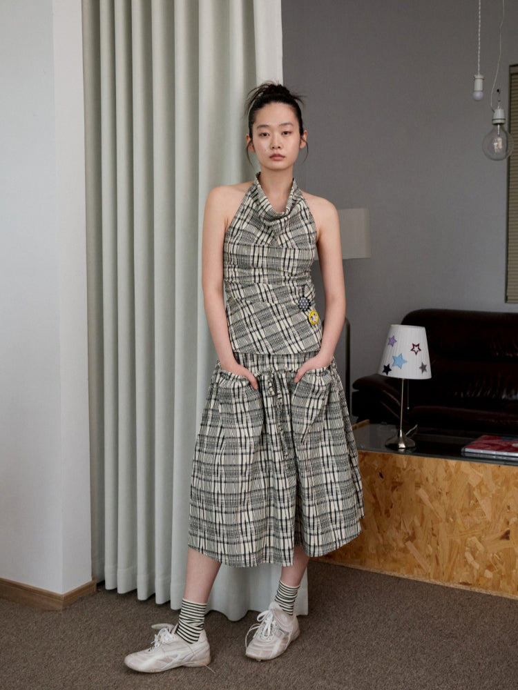 Plaid Halter Neck Backless Tank Top & Midi Skirt Set