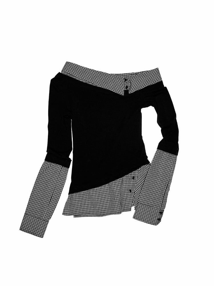 Asymmetric Collar Fake Two-Piece Fitted Blouse