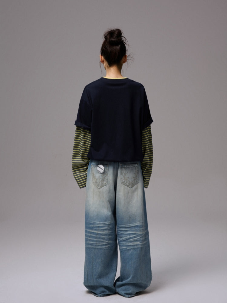 Fake Two-Piece Contrast Color Loose Striped?T-Shirt