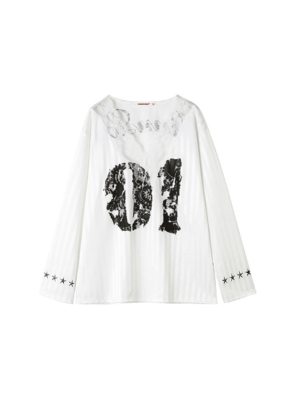 Black & White Lace-trimmed V-neck Satin Jersey