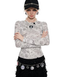 Black &?White Full-Print Mesh Top
