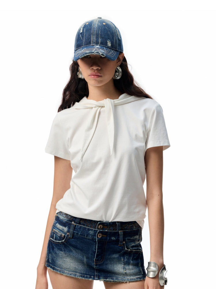 Hooded Bow Solid-Color T-shirt