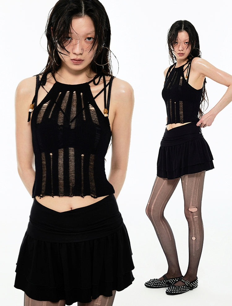 Black & Camel Hollowed-out Knit Strap Tank Top