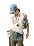 Floral Rhinestone Semi-Sheer I-shaped Tank Top