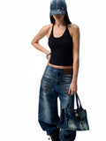 Slanted U-Neck Knot Embroidery Vest