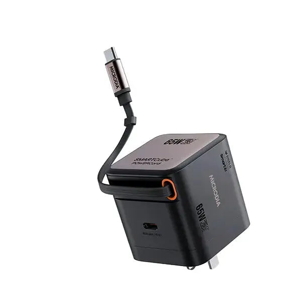 MICRODIA SMARTCube™ POWERCord 65 Вт, настенное зарядное устройство GaN Pro со встроенным кабелем USB-C и выходом для зарядки USB-C 