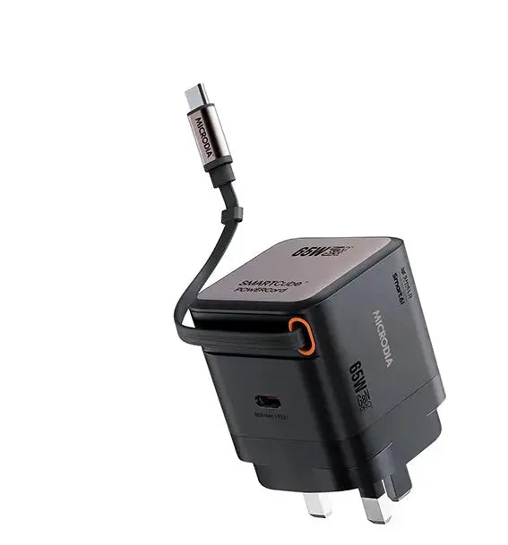 MICRODIA SMARTCube™ POWERCord 65 Вт, настенное зарядное устройство GaN Pro со встроенным кабелем USB-C и выходом для зарядки USB-C 