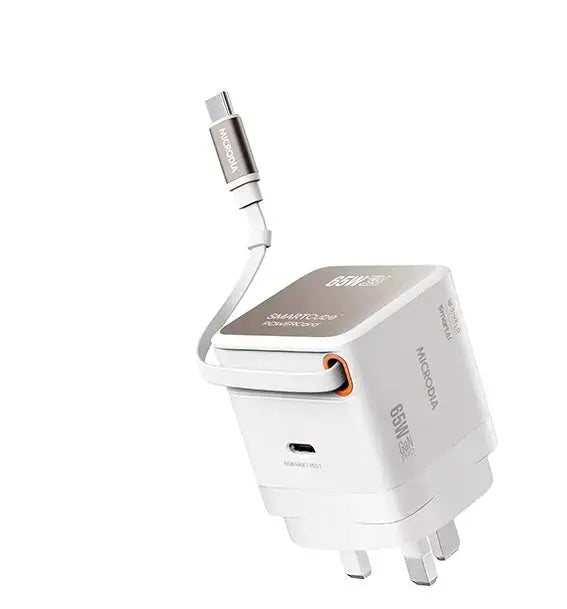 MICRODIA SMARTCube™ POWERCord 65 Вт, настенное зарядное устройство GaN Pro со встроенным кабелем USB-C и выходом для зарядки USB-C 