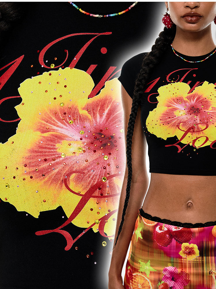 Rhinestone Embellished Fitted Fruit Printed Crop Top