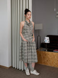 Plaid Halter Neck Backless Tank Top & Midi Skirt Set