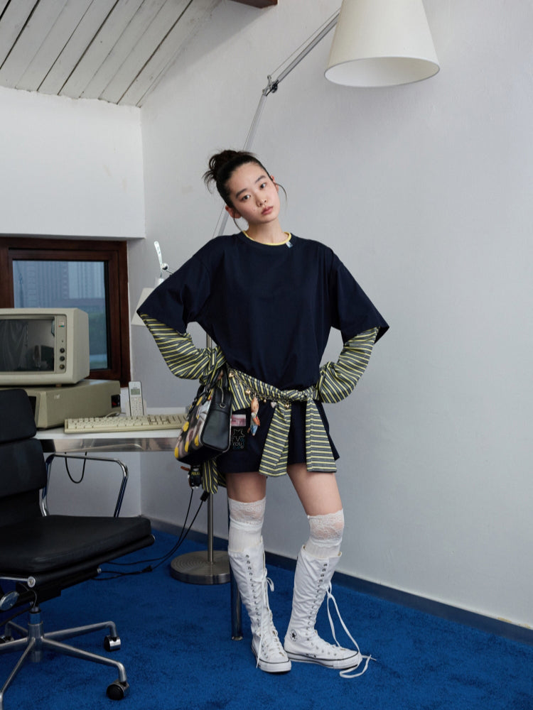 Fake Two-Piece Contrast Color Loose Striped?T-Shirt