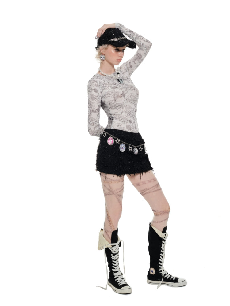Black &?White Full-Print Mesh Top