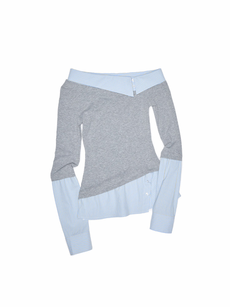Asymmetric Collar Fake Two-Piece Fitted Blouse