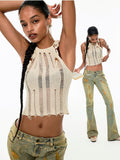 Black & Camel Hollowed-out Knit Strap Tank Top