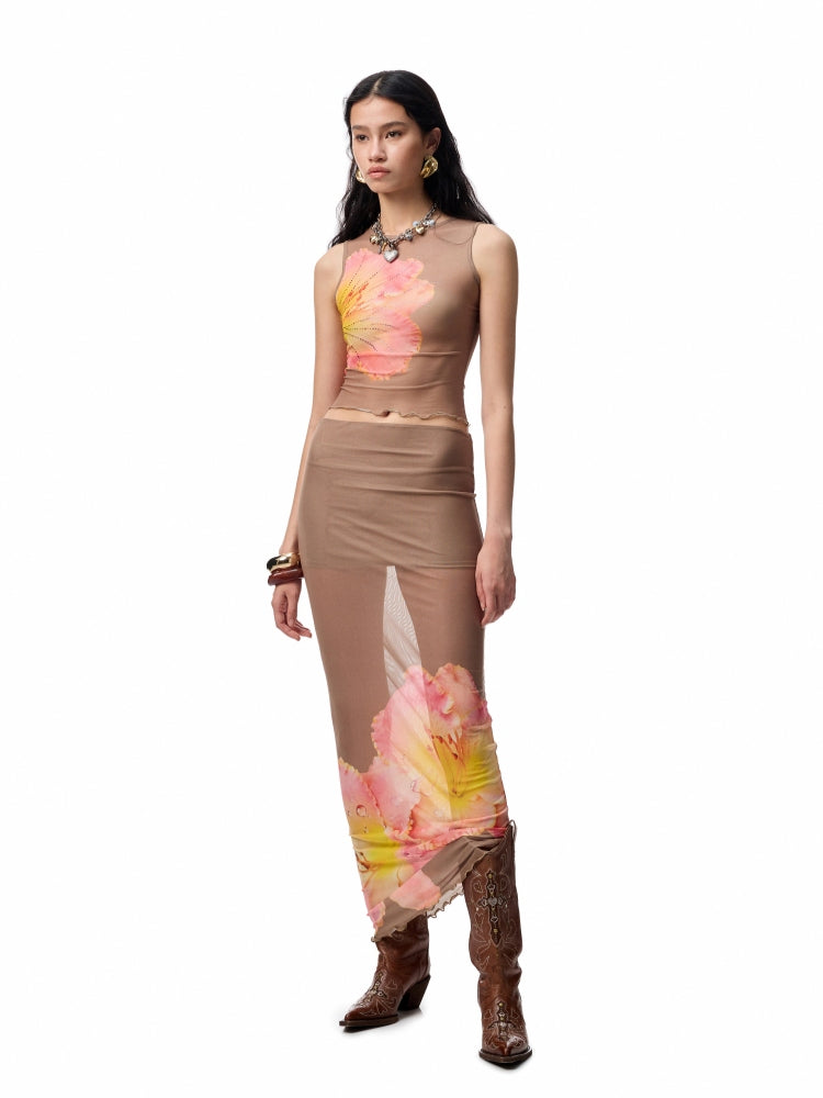 Floral Print Rhinestone Mesh Vest