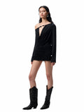 Beaded Cowl Neck Off-shoulder Long-sleeve Tunic