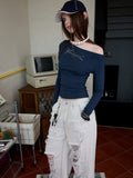 Rhinestone One-Shoulder Long-Sleeve T-Shirt