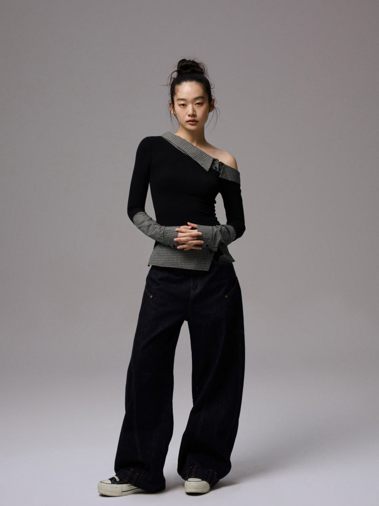 Asymmetric Collar Fake Two-Piece Fitted Blouse