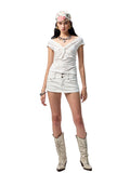 V-Mouth Pointed-Toe Leather Embroidered Denim Boots
