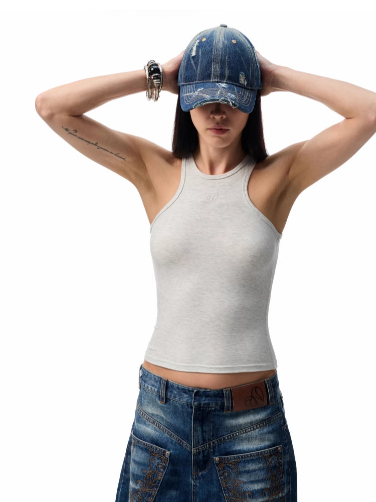 Basic Solid-Color Embroidered Slim-Fit?Vest
